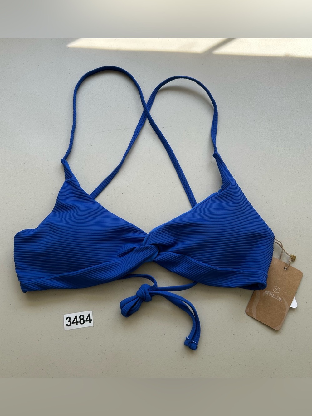 Berlook Bikini Top Large Blue Twist Backless Ribbed New
